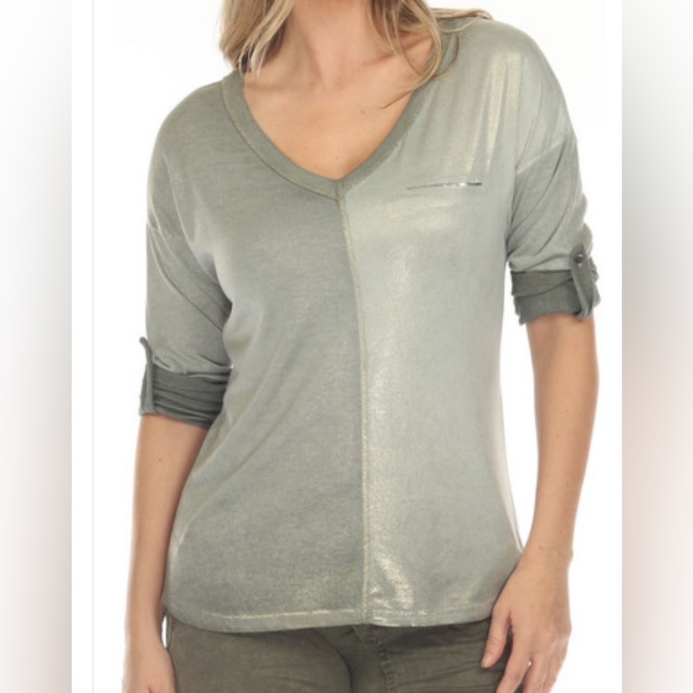Flora Ashley Olive Green Knit Top Sequins Long Sleeve Roll Up Boho Loop Sz L